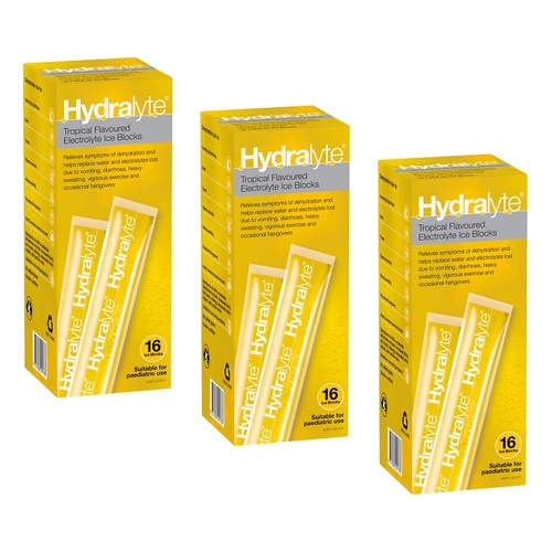 Hydralyte Tropical Flavoured Electrolyte Ice Blocks 16 Pack Bundle of 3