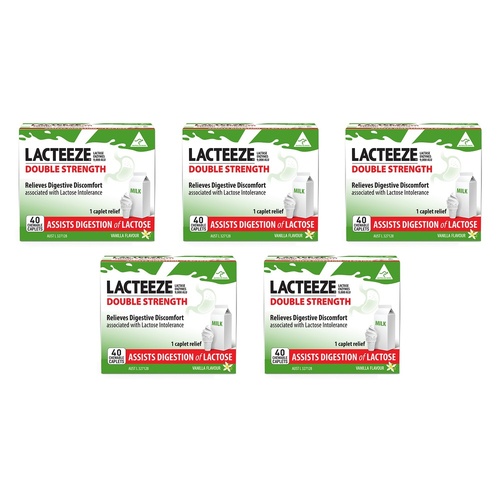 Lacteeze Double Strength 40 Chewable Caplets Pack of 5