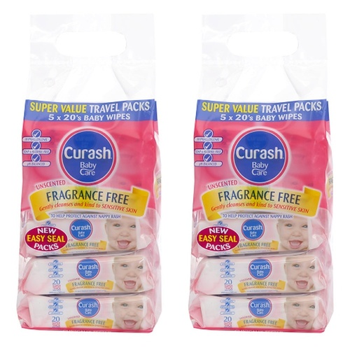 Curash Fragrance Free Baby Wipes, Mini Travel Packs, 5 x 20 Pack Bundle of 2