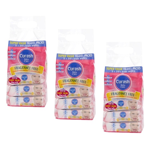 Curash Fragrance Free Baby Wipes, Mini Travel Packs, 5 x 20 Pack Bundle of 3