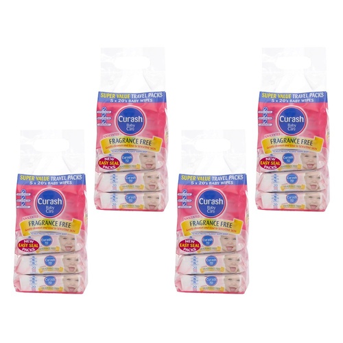 Curash Fragrance Free Baby Wipes, Mini Travel Packs, 5 x 20 Pack Bundle of 4