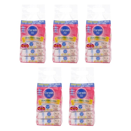 Curash Fragrance Free Baby Wipes, Mini Travel Packs, 5 x 20 Pack Bundle of 5