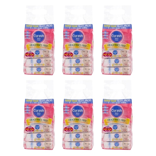 Curash Fragrance Free Baby Wipes, Mini Travel Packs, 5 x 20 Pack Bundle of 6