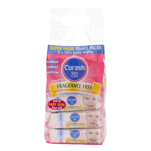 Curash Fragrance Free Baby Wipes, Mini Travel Packs, 5 x 20 Pack