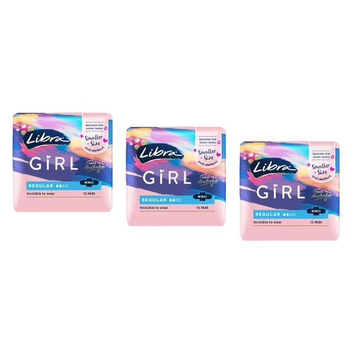 Libra Girl Regular Pads with Wings 12 Pack x 6 Bundle of 3