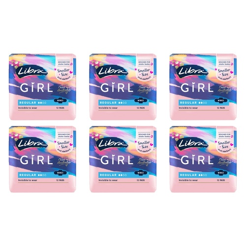 Libra Girl Regular Pads with Wings 12 Pack x 6 Bundle of 6