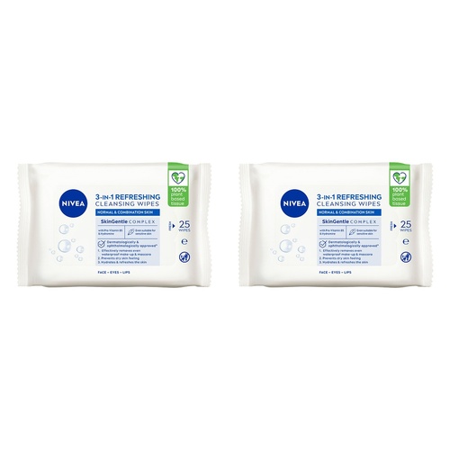 NIVEA 3-in-1 Refreshing Cleansing Wipes 25 Pack Bundle of 2
