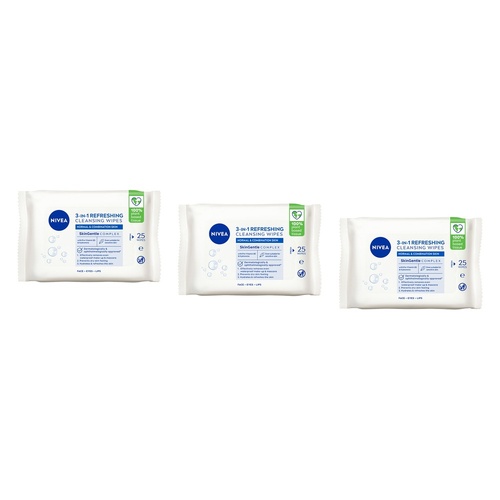 NIVEA 3-in-1 Refreshing Cleansing Wipes 25 Pack Bundle of 3