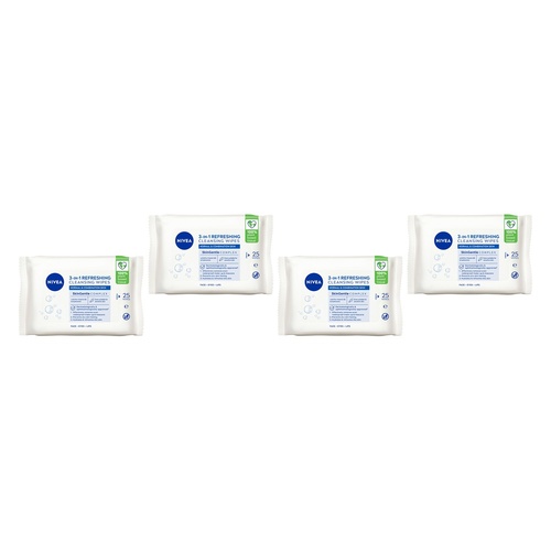 NIVEA 3-in-1 Refreshing Cleansing Wipes 25 Pack Bundle of 4