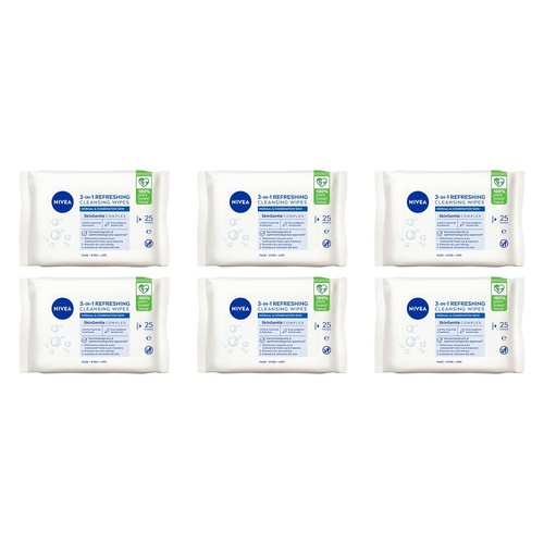 NIVEA 3-in-1 Refreshing Cleansing Wipes 25 Pack Bundle of 6
