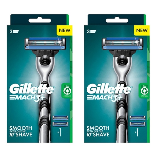 Gillette Mach3+ Razor Handle Plus 2 Cartridges 3 Piece Set Pack of 2