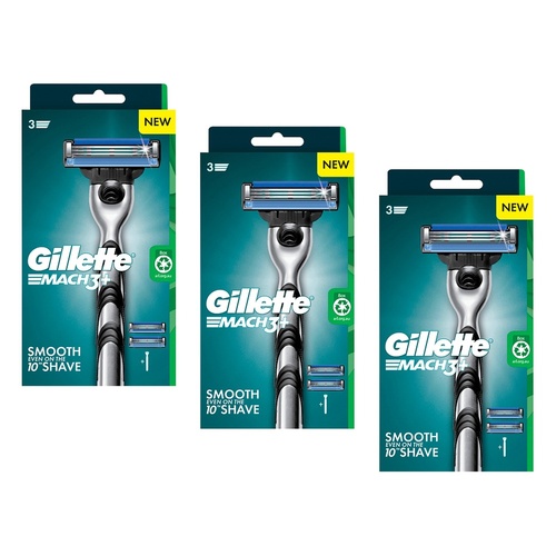 Gillette Mach3+ Razor Handle Plus 2 Cartridges 3 Piece Set Pack of 3