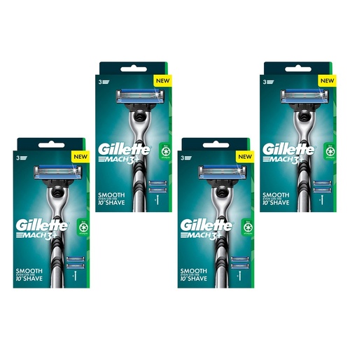 Gillette Mach3+ Razor Handle Plus 2 Cartridges 3 Piece Set Pack of 4
