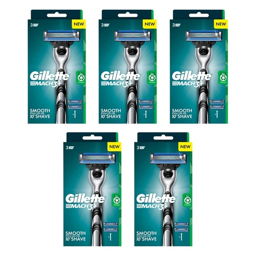 Gillette Mach3+ Razor Handle Plus 2 Cartridges 3 Piece Set Pack of 5