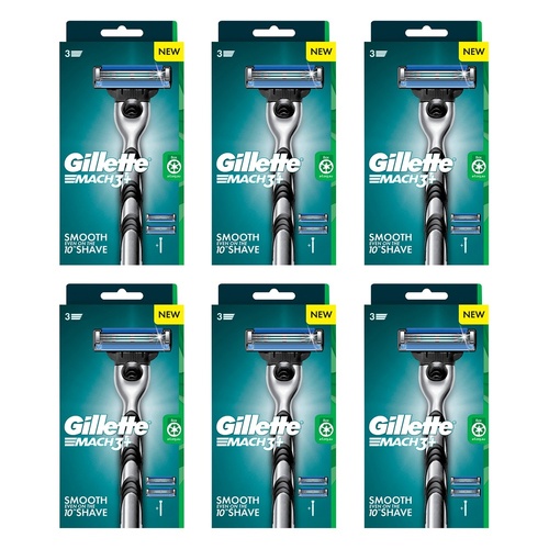 Gillette Mach3+ Razor Handle Plus 2 Cartridges 3 Piece Set Pack of 6