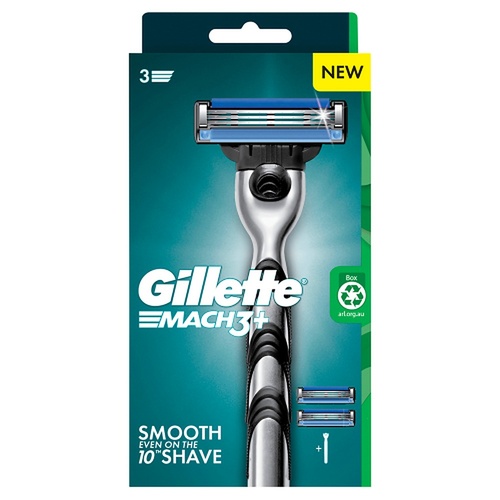 Gillette Mach3+ Razor Handle Plus 2 Cartridges 3 Piece Set