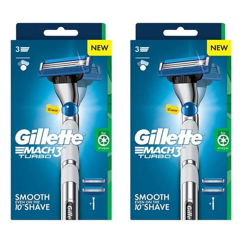 Gillette Mach3 Turbo Razor Handle + 2 Cartridges 3 Piece Set Pack of 2