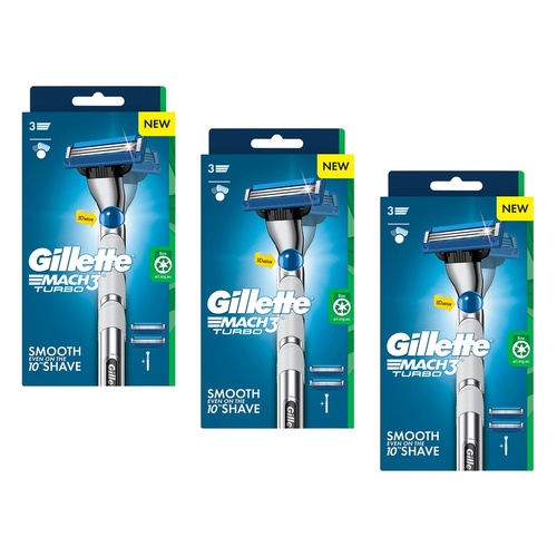 Gillette Mach3 Turbo Razor Handle + 2 Cartridges 3 Piece Set Pack of 3