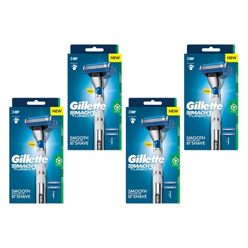 Gillette Mach3 Turbo Razor Handle + 2 Cartridges 3 Piece Set Pack of 4