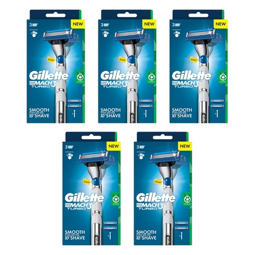 Gillette Mach3 Turbo Razor Handle + 2 Cartridges 3 Piece Set Pack of 5