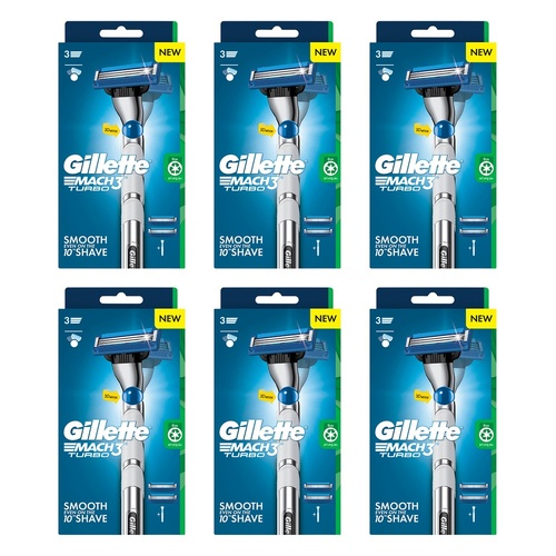 Gillette Mach3 Turbo Razor Handle + 2 Cartridges 3 Piece Set Pack of 6