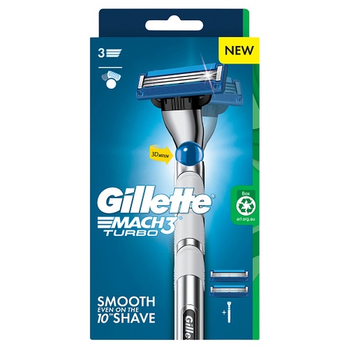 Gillette Mach3 Turbo Razor Handle + 2 Cartridges 3 Piece Set