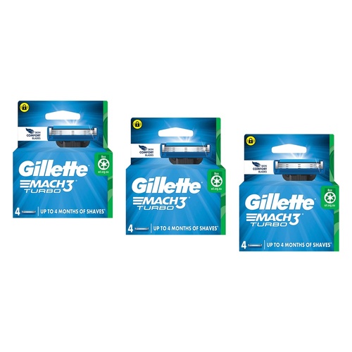 Gillette Mach3 Turbo Replacement Cartridges 4 Pack Bundle of 3
