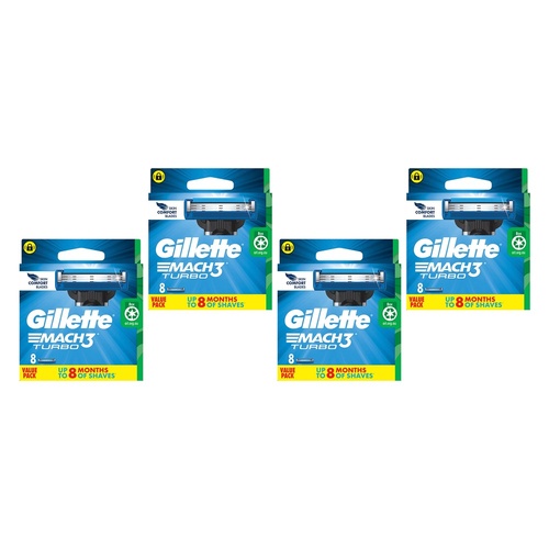 Gillette Mach3 Turbo Replacement Cartridges 8 Pack Bundle of 4