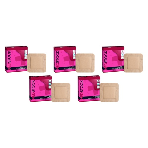Medstock Silicone Foam Dressing with Border 7.5cm x 7.5cm 10 Pack Bundle of 5