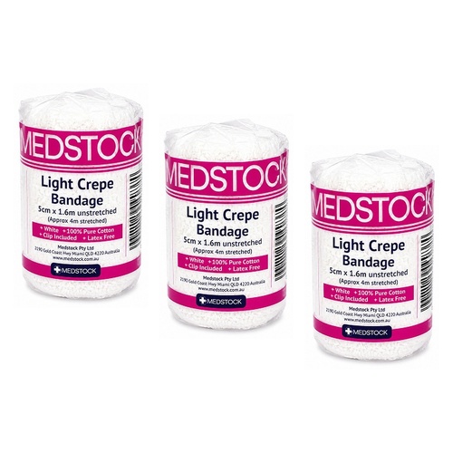Medstock Light Crepe Band with Clip 5cm x 1.6m 1 Roll Pack of 3