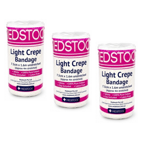 Medstock Light Crepe Band with Clip 7.5cm x 1.6m 1 Roll Pack of 3