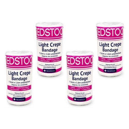 Medstock Light Crepe Band with Clip 7.5cm x 1.6m 1 Roll Pack of 4