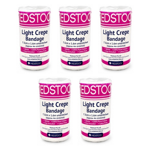 Medstock Light Crepe Band with Clip 7.5cm x 1.6m 1 Roll Pack of 5
