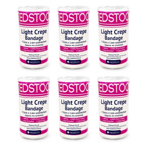 Medstock Light Crepe Band with Clip 7.5cm x 1.6m 1 Roll Pack of 6