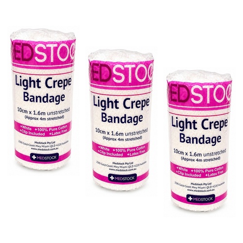 Medstock Light Crepe Band with Clip 10cm x 1.6m 1 Roll Pack of 3
