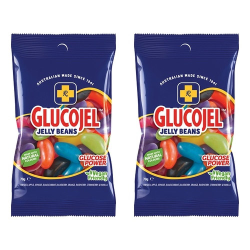 GLUCOJEL Jelly Beans 70g Glucose Energy Candy Vegan Friendly Bundle of 2
