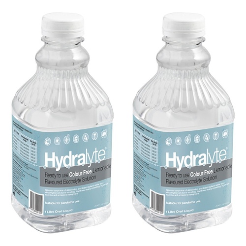 Hydralyte Colour Free Lemonade Flavoured Electrolyte Solution 1 L Pack of 2