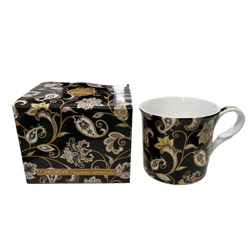 Jacobean Black Palace Mug Paisley Floral Fine Bone China
