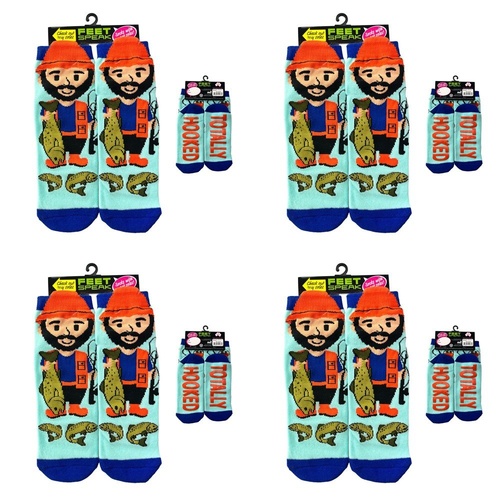 Feet Speak Fisherman Novelty Socks Totally Hooked Soles One Size Fits All Pack of 4