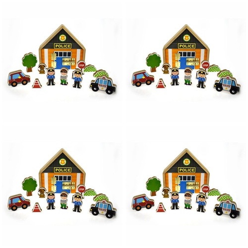 Wooden Police Station Playset with Figures and Vehicles Pack of 4