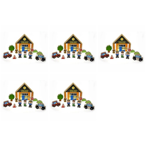 Wooden Police Station Playset with Figures and Vehicles Pack of 5