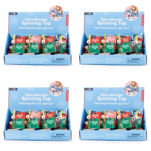 Kikkerland Kidoki Dizzy Monster Wooden Spinning Top Counter Display of 12 Bundle of 4