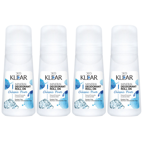 Deoklear Mineral Deodorant Classic Pure Roll On 100ml Pack of 4 Paraben Free