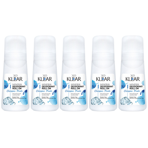 Deoklear Mineral Deodorant Classic Pure Roll On 100ml Pack of 5 Paraben Free