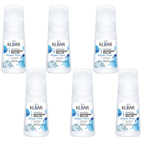 Deoklear Mineral Deodorant Classic Pure Roll On 100ml Pack of 6 Paraben Free