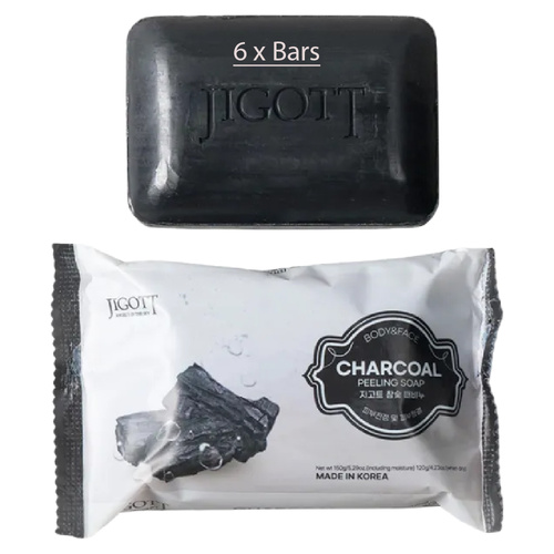 Jigott Exfoliating Body And Face Peeling Bar Soap 150g Charcoal x 6