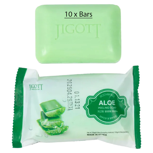 Jigott Exfoliating Body And Face Peeling Bar Soap 150g Aloe Vera x 10
