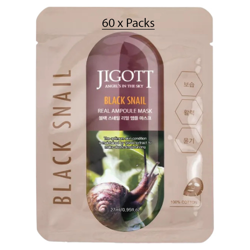Jigott Black Snail Extract Ampoule Sheet Mask 27ml Korean Cotton Face Mask x 60