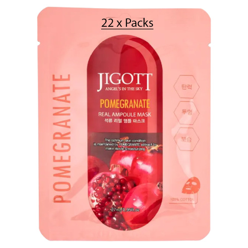 Jigott Pomegranate Extract Ampoule Sheet Mask 27ml Korean Cotton Face Mask x 22