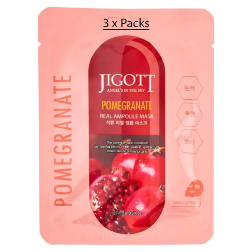 Jigott Pomegranate Extract Ampoule Sheet Mask 27ml Korean Cotton Face Mask x 3